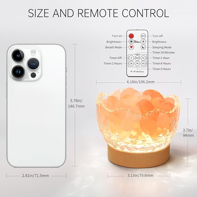 Himalayan Salt Lamp, Pink, Wooden Base, 10 Levels of Light Intensity Adjustment, USB Plug, 1 Year Warranty