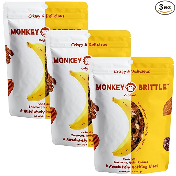 Monkey Brittle Healthy Snacks, Crispy Plant-Based Treats for Kids & Adults, Vegan & Gluten-Free, All-Natural Snack for School, Sports, Camping & On-the-Go (Pack of 3), Original