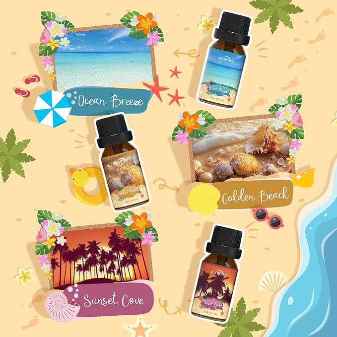 Beach Essential Oils Set, SNOWSEN Fragrance Oil for Diffuser, Candle Making, Soap Making, Spray,Sunbeam Coconut, Pineapple, Ocean Breeze, Sunset Cove, Golden Beach, Hawaiian Sea, Tropical Scented Oil