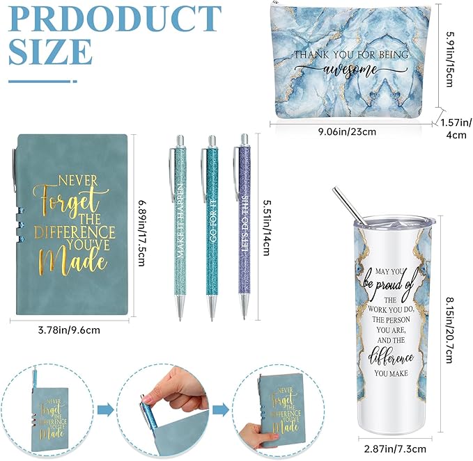 Domensi 6 Pcs Employee Appreciation Gift Set for Women Female Thank You Gift May You Be Proud 20 oz Rustic Marble Sign Tumbler Makeup Bag Journal for Teacher Nurse Lady Work Business(Blue)
