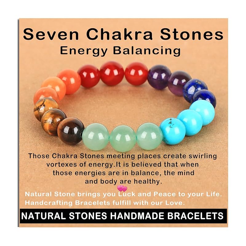 AD Beads Handmade Gemstone Stretch Elastic Bracelet Crystal Healing Reiki Nature's Beauty and Spiritual Essence Unisex (10mm, Seven Chakra Stones (Energy Balancing))