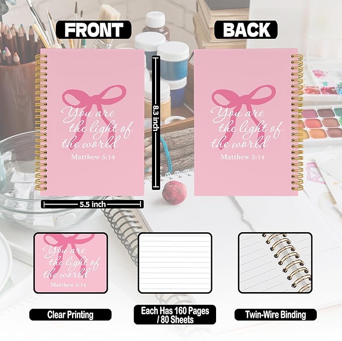 Coquette Pink Bows Spiral Notebook, Christian Bible Verse Journaling Notebooks for Note Taking, Preppy Aesthetic Inspirational Hardcover Journals for Teen Girls Women, 160 Pages 5.5 x 8.3 Inch