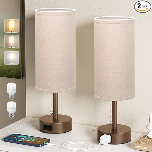 Fenmzee Brown Bedside Table Lamps Set of 2-3 Color Temperatures Pull Chain Lamp with AC Outlet Charging Port, Small Round Night Stand Lamps for Bedroom, Bed Side Light with E26 LED Bulbs