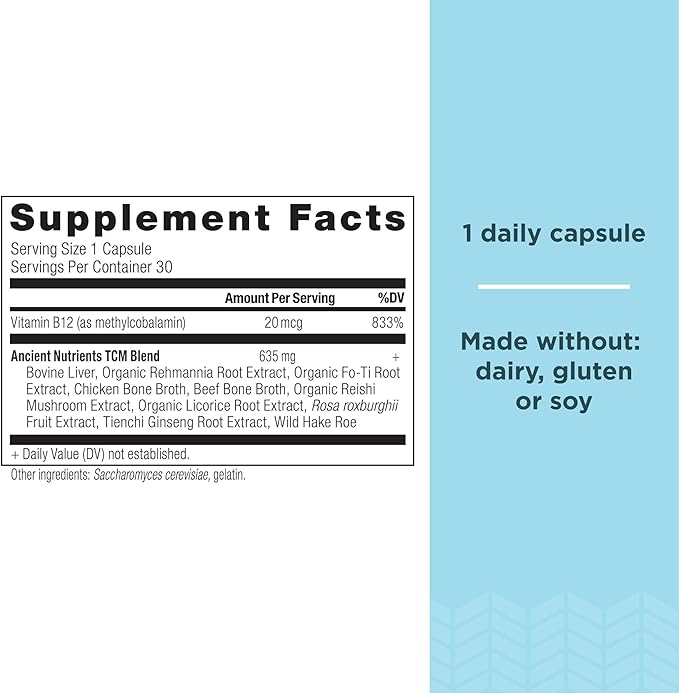 Ancient Nutrition Vitamin B12 Supplement, Supports Energy Metabolism and Nervous System Health, Adaptogenic Herbs, Enzyme Activated, Paleo & Keto Friendly, 30 Capsules