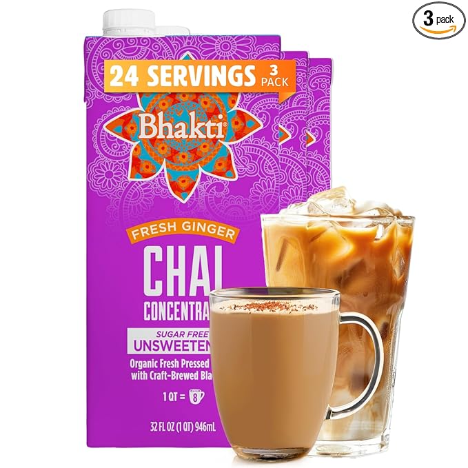 Bhakti Chai Tea Concentrate | Sugar-Free, Organic Fresh Ginger, Black Tea, Spiced, Dairy-Free, Vegan (Pack of 3)