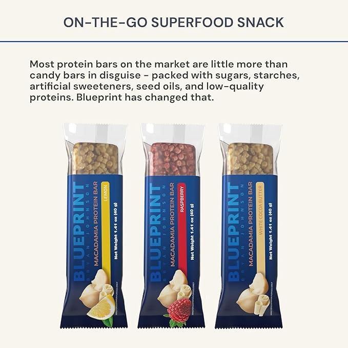 Blueprint Bryan Johnson Macadamia Nut Protein Bar - 9G Plant Protein - Healthy Fats - Supports Muscle Growth - Low Carb & Sugar - Natural Ingredients - Vegan Keto Snack (Raspberry - 12 Pack)