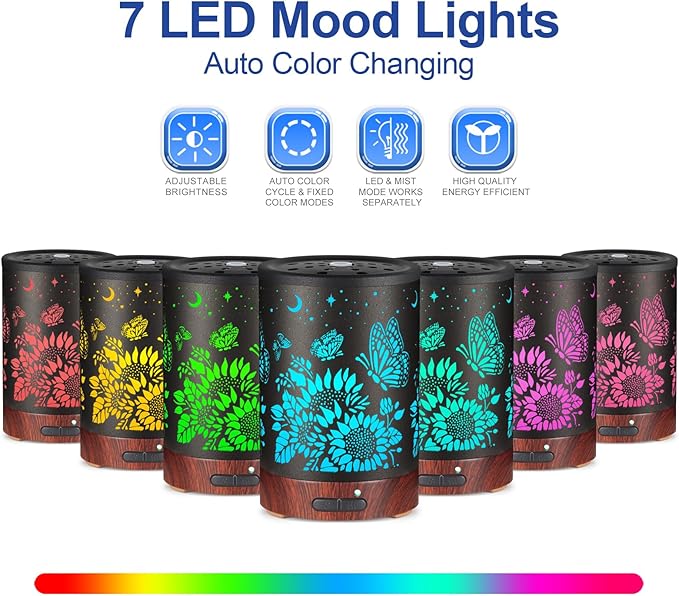 Essential Oil Diffuser- Aromatherapy Diffuser with7 Colors Light, and Auto-Off -Metal Cool Mist Humidifier for Home and Office（Sunflower + Butterfly）…