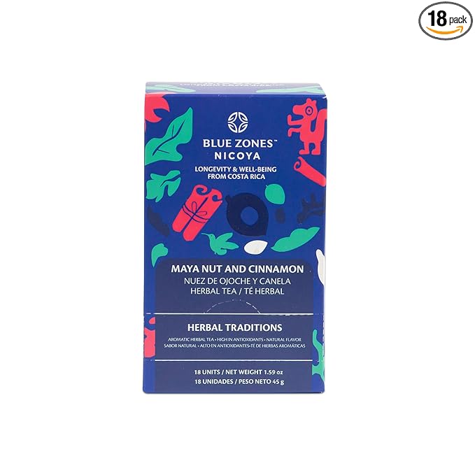 Blue Zones Nicoya - Maya Nut & Cinnamon Flavored Tea Bags - 100% Natural, Organic, and Refreshing - High Micronutrients - Gluten, Caffeine, Sugar-Free - Pack of 18 (1.59 oz/ 45 g)