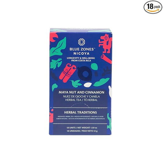 Blue Zones Nicoya - Maya Nut & Cinnamon Flavored Tea Bags - 100% Natural, Organic, and Refreshing - High Micronutrients - Gluten, Caffeine, Sugar-Free - Pack of 18 (1.59 oz/ 45 g)