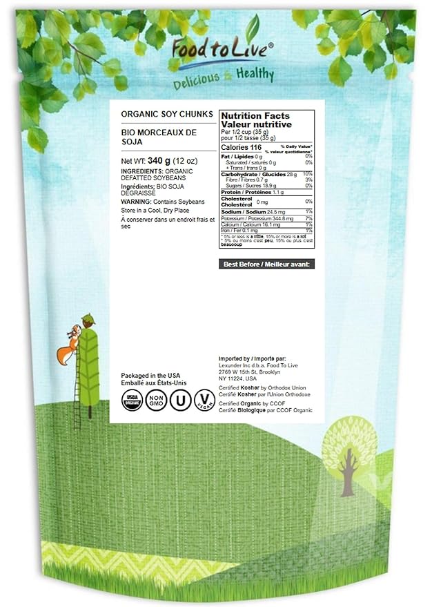 Food to Live Organic Soy Chunks 12 Ounces, – Unsalted Nuggets, High Protein. Plant-Based. Meat Alternate Substitute. Non-GMO. Vegan, Kosher, Bulk