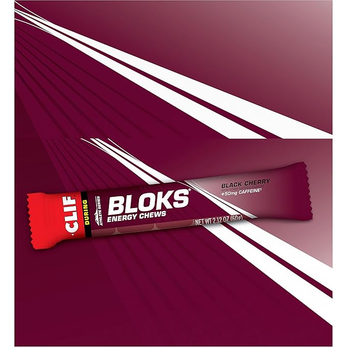CLIF BLOKS - Black Cherry Flavor with Caffeine - Energy Chews - Non-GMO - Plant Based - Fast Fuel for Cycling and Running - Quick Carbohydrates and Electrolytes - 2.12 oz. (18 Count)