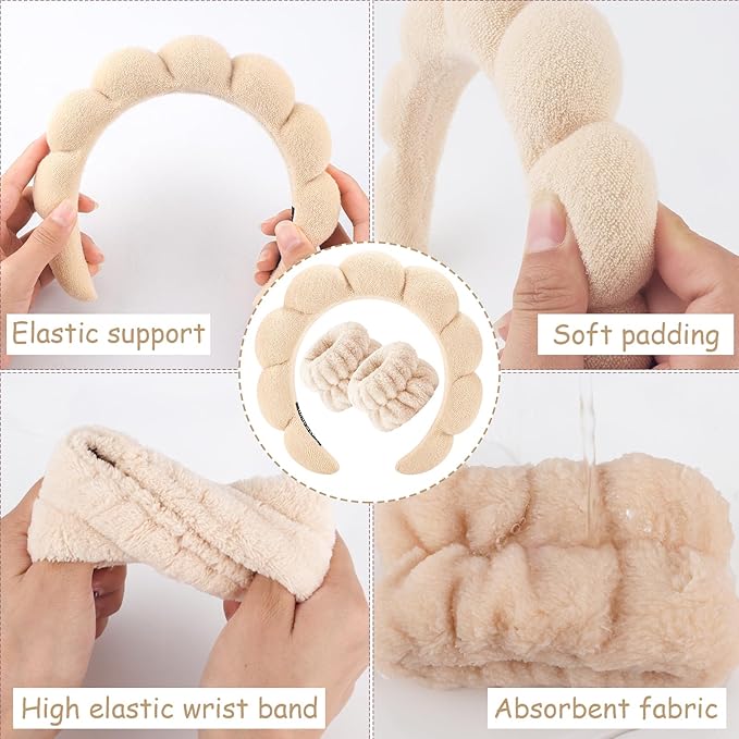 Zkptops Spa Headband for Women Sponge Makeup Skincare Headband Washing Face Wristband Set Terry Cloth Bubble Soft Get Ready Hairband Puffy Padded Headwear Non Slip Thick Hair Accessory(Beige)