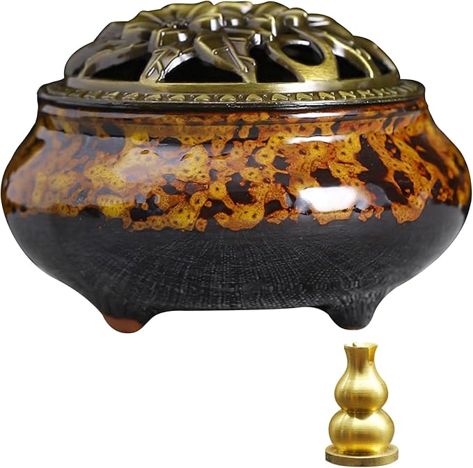 Ceramic Incense Burner with Lid, Bowl Burner， Cone Incense Burner, Ceramic Censer Suitable for Incense/Cone/Coil/Sticks, There are 30 Incense Cones+ Metal Incense Holder+Fireproof Cotton Inside.