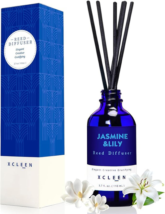 Reed Diffuser Set- Jasmine & Lily Scented Diffuser with 6 Rattan Sticks, Long Lasting Reed Diffusers for Home Bathroom Shelf Decor-3.7oz
