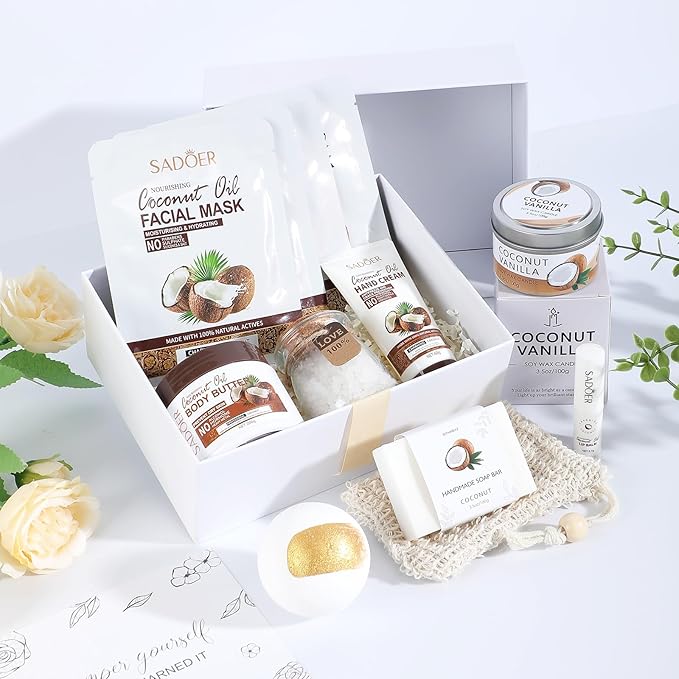 Coconut Spa Gifts for Women Birthday Self Care Kit Christmas Gifts Basket Thank You Relaxing Bath Sets for Moms Friends Co-worker Daughter Girlfriend Grandma Sister Teacher Daughter-in-Law