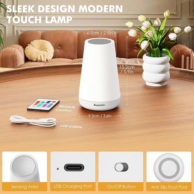 Auxmir Night Light, Dimmable Touch Lamp for Bedroom, Portable Rechargeable Bedside Table Lamp for Baby Nursery, 13 RGB Colors & 5 Brightness, Night Lights for Bedroom Living Room Bathroom Hallways