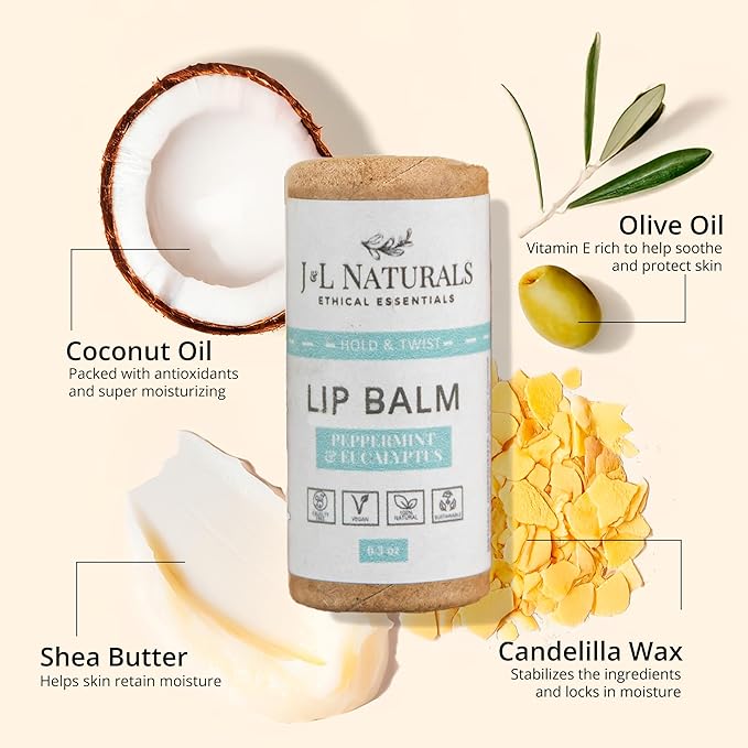 J&L Naturals Sustainable Lip Balm | Organic Ingredients, 100% Natural, Eco-Friendly | Cruelty Free, Vegan, Paraben Free, Silicone Free (Peppermint & Eucalyptus, 2-Piece Duo)