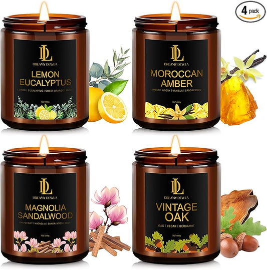 Scented Candle Set, Men Candle Set, Candles for Home Scented Gifts, 4Pack 28oz Soy Candles, Scents of Lemon Eucalyptus/Moroccan Amber/Magnolia & Sandalwood/Vintage Oak