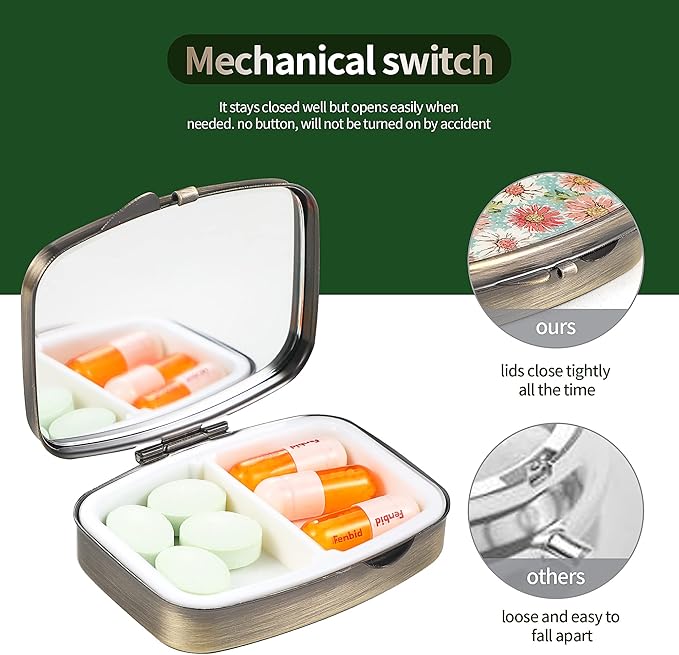 Dynippy Pill Case Pill Box with Mirror Retro Pocket 2 Compartment Medicine Case Vitamin Pill Organizer for Pocket Purse and Travel (Flower 21)