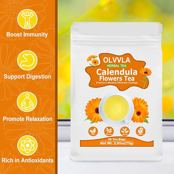 Olvvla - Natural Calendula Flowers Tea Bags - 1.5g X 50 Count - Premium Calendula Tea - Non-GMO - Caffeine-free - Dried Calendula Herbal Tea - Rich in Antioxidants & Promote Relaxation