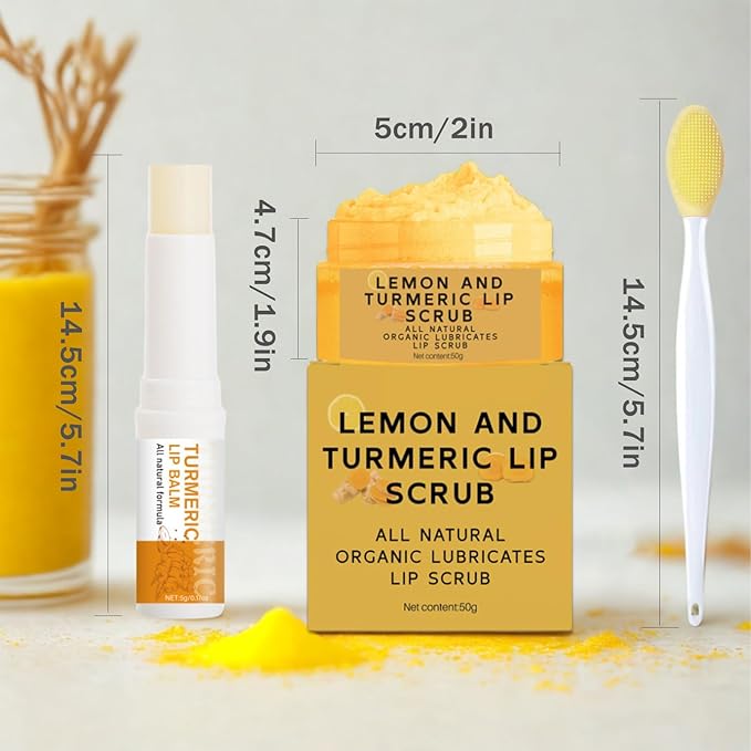 3PCS Lemon and Turmeric Lip Scrub & Turmeric Lip Balm with Brush Set, Lip Scrubber Exfoliator, Natural Nourish Sugar Lip Scrub for Dry, Chapped, Dull, Dark Lips, Reduce Fine Lines
