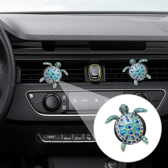 2PCS Beach Car Accessories, Crystal Cute Turtle Air Fresheners Diffuser Vent Clip, Bling Tortoise Car Air Vent Clips, Comes with 2 PCS Black Cars Air Vent Clips(Blue)