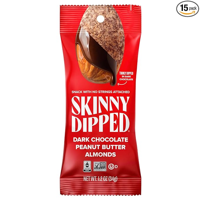 SkinnyDipped Dark Chocolate Peanut Butter Almonds, Chocolate Covered Almonds, Low Sugar, Gluten Free, Healthy Snack, 1.2 Ounce Bags (Pack of 15)