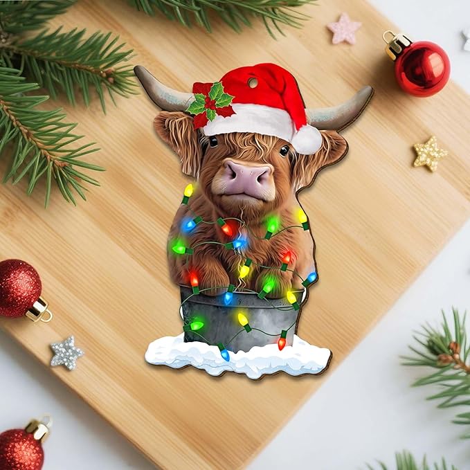Highland Cow Christmas Tree Keepsake Ornaments, Farmhouse Themed 2 Side Printed Flat Wooden Ornament, Farm Animal Xmas Hanging Decor