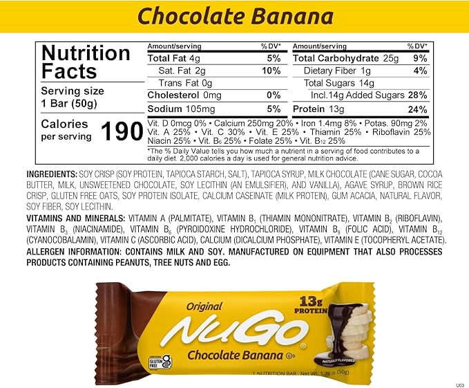 NuGo Protein Bar, Chocolate Banana, 13g Protein, Gluten Free, 15 Count