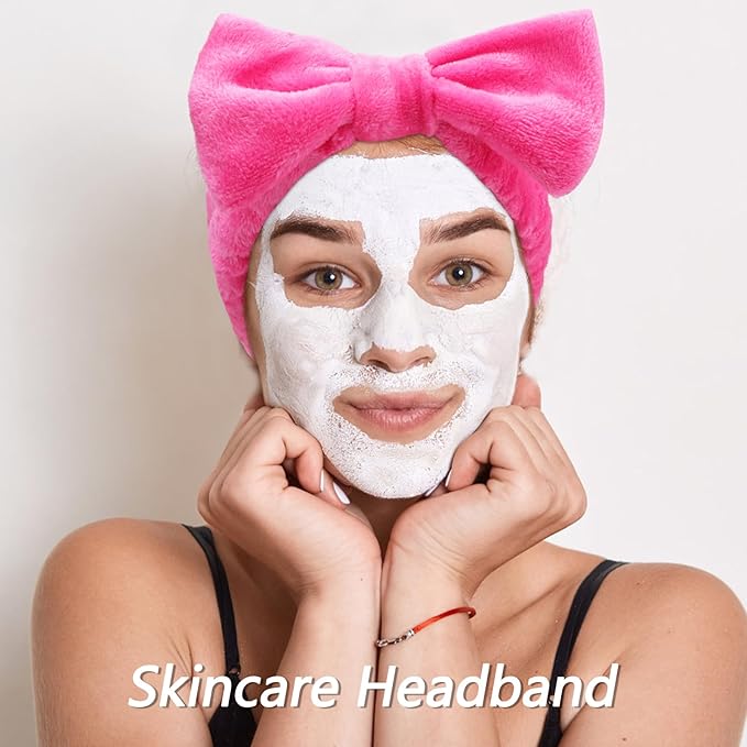 VELSCRUN Spa Headbands for Wash Face, Makeup Headband, Facial Skincare Headbands, 5 Pcs Hot Pink Puffy Sponge Spa Headband Bow Tie Hair Band Hair Clips Wristband Set Women Girls Accessories