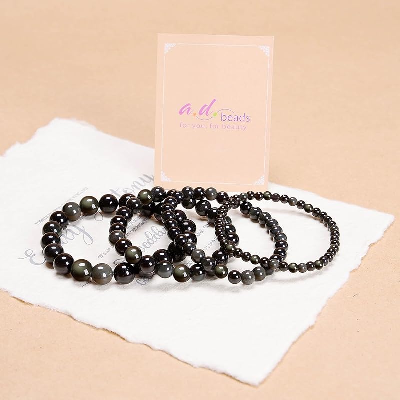 AD Beads Handmade Gemstone Stretch Elastic Bracelet Crystal Healing Reiki Nature's Beauty and Spiritual Essence Unisex (6mm, Black Obsidian (Pleasure))