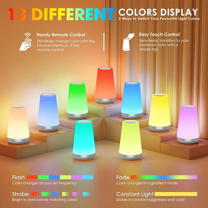 Auxmir Night Light for Kids Baby, 2500mAh13 RGB Colors & 5 Brightness, Portable Rechargeable LED Bedside Lamp for Baby Nursery, Night Lights for Bedroom Living Room Bathroom Hallways, Silver