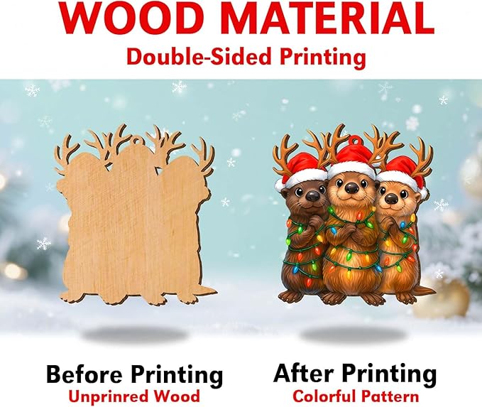 2 Side Printed Flat Christmas Wooden Ornaments, Animal Keepsake Hanging Tree Decoration, Funny Otter Ornament