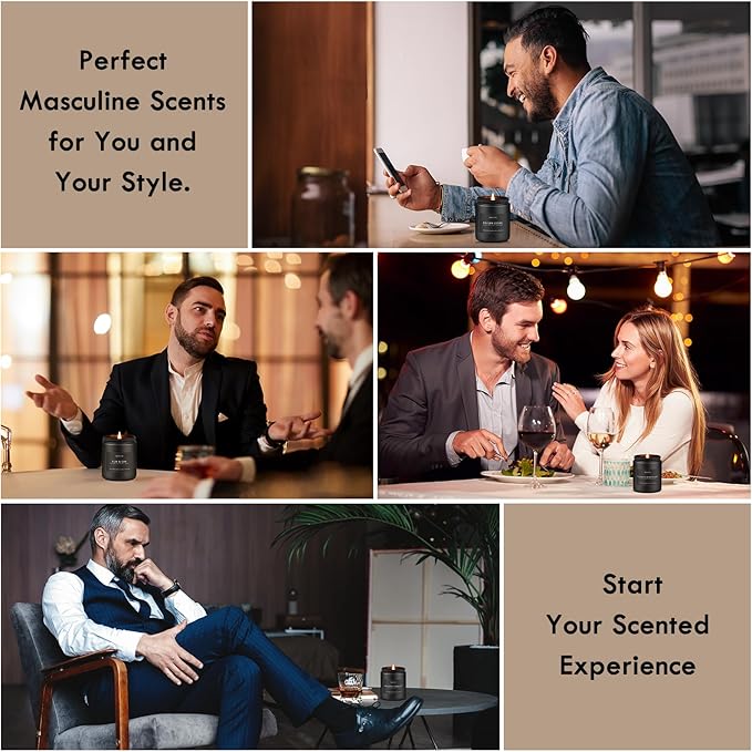 Scented Candles Set | Gifts for Men - 4Pack Candle Masculine Candle, Soy Candles for Home Scented, Aromatherapy Gifts Scents of Caramel Coffee/Whiskey Tobacco/Rum & Oak/Vintage Leather
