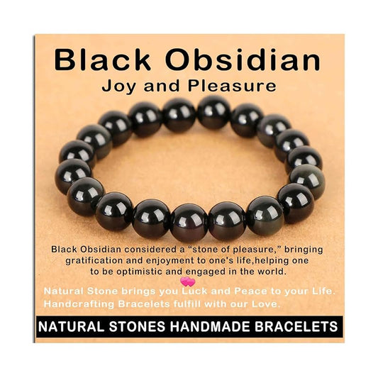 AD Beads Handmade Gemstone Stretch Elastic Bracelet Crystal Healing Reiki Nature's Beauty and Spiritual Essence Unisex (10mm, Black Obsidian (Pleasure))