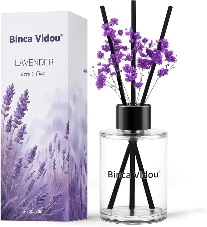 Reed Diffuser, Binca Vidou Lavender Reed Oil Diffusers Set for Office Decor Bedroom Living Room Aromatherapy for Gift Idea & Stress Relief 2.7oz(80ml)