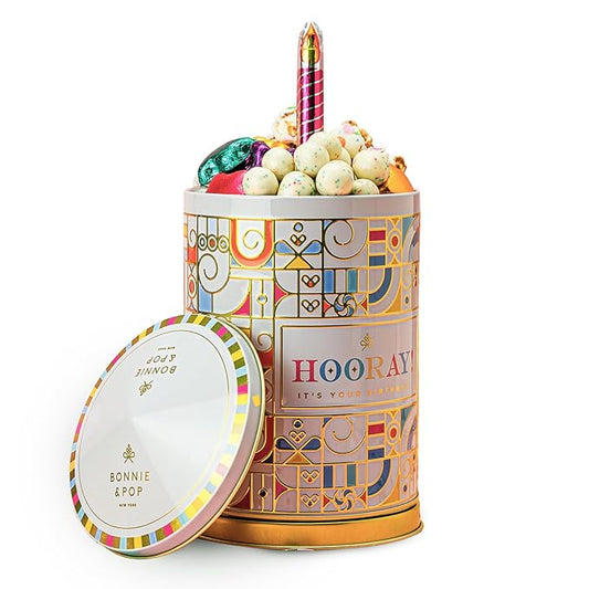 Birthday Gift Basket | Popcorn, Sweets, Candy, Cake Flavors | Tin Spins, Plays Music Happy Birthday | Bonnie and Pop