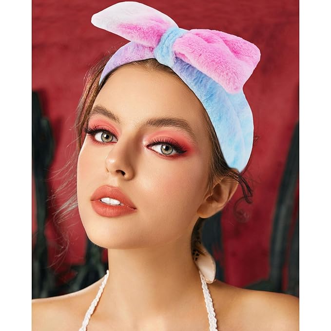VELSCRUN Spa Headbands for Wash Face, Makeup Headband, Facial Skincare Headbands, 5 Pcs Colourful Puffy Sponge Spa Headband Bow Tie Hair Band Hair Clips Wristband Set Women Girls Accessories