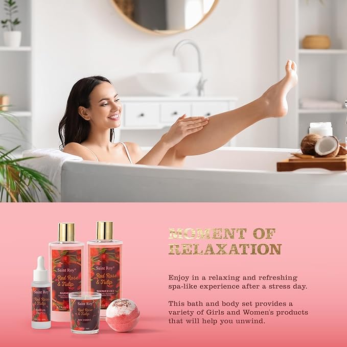 Christmas Gifts for Women, spa kit Gifts for Her Mother's Day Bath Spa Gift Set Red Rose & Tulip Spa Basket Kits for Women, Contains Body Oil, Body Lotion, Salt, self care baskets Mother's Day Gift