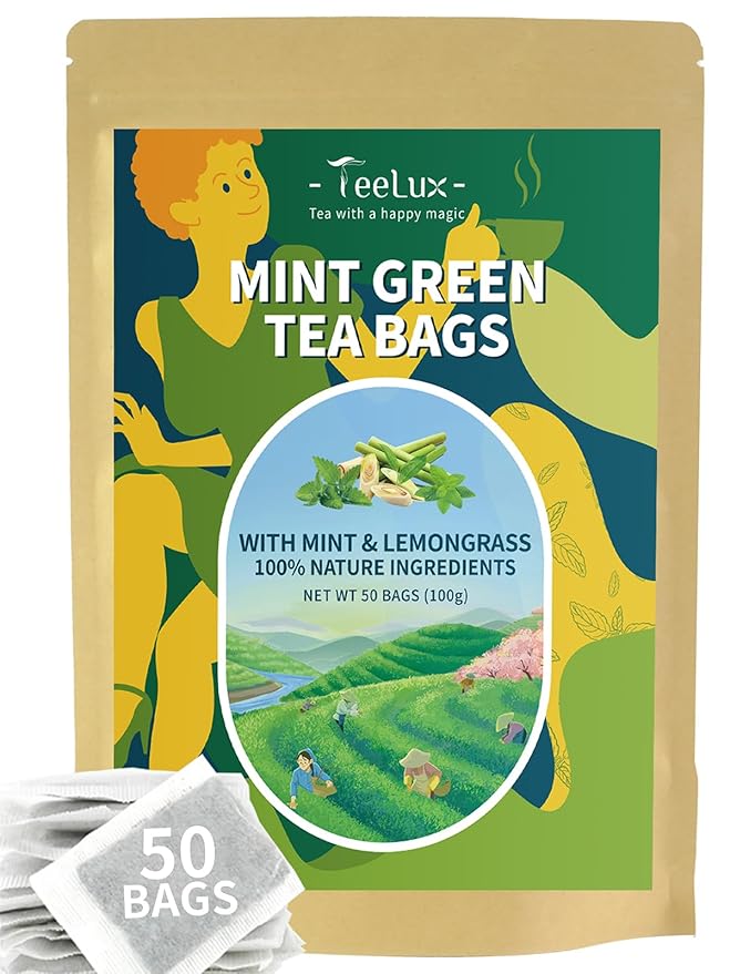 TeeLux Mint Green Tea Bags, Green Tea with Peppermint, Spearmint, and Lemongrass, Caffeinated, 100% Real and Natural, 50 Count