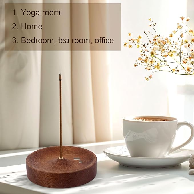 Ebony Wood Incense Burner, Round Wooden Incense Sticks Holder Handmade Ash Catcher Burner Tray Vintage Aroma Diffuser Bowl for Meditation Relaxation Home Decor