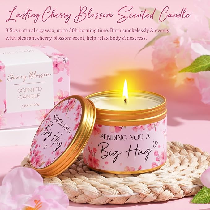 Birthday Gifts for Women Self Care Gift, Cherry Blossom Relaxing Spa Gift Baskets Bath Set Get Well Soon Care Package Christmas Mom Gifts for Wome Sister Friend Wife Grandma w/ Blanket