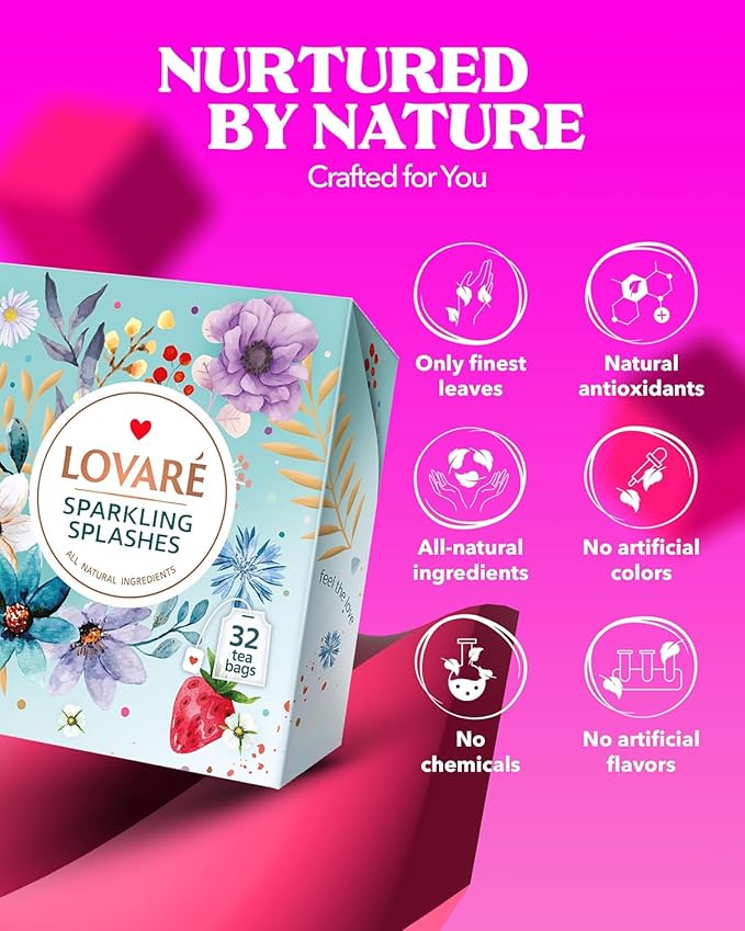 LOVARE Sparkling Splashes Tea Bags 64 g - Made in Ukraine - Classic Black and Sencha Green Flavored Tea Blend - Tea Bags Individually Wrapped - Gift Box Sets for Tea Lovers (32 Tea Bags x 2 g Each)