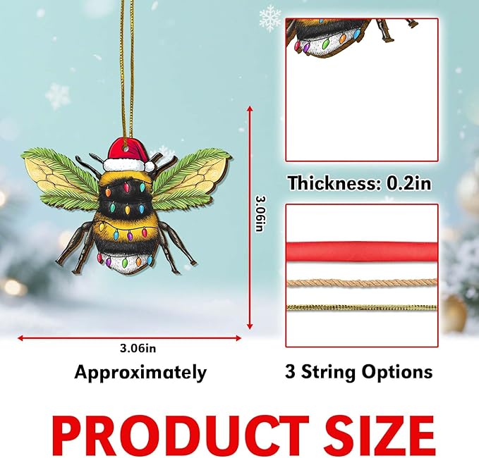 2 Side Printed Flat Christmas Wooden Ornaments, Animal Keepsake Hanging Tree Decoration, Santa Bee Ornament