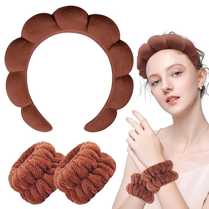 Zkptops Spa Headband for Washing Face Wristband Set Sponge Makeup Skincare Terry Cloth Bubble Soft Get Ready Hairband for Women Girl Puffy Padded Headwear Non Slip Thick Hair Accessory(Dark Brown)