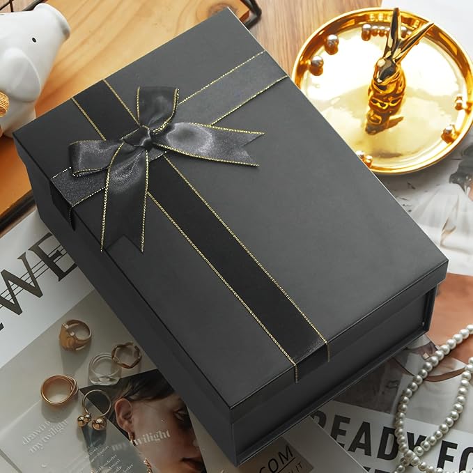 Eerbaier Gift Box with Lid for Present - 3 Pack Small Gift Boxes 8.6x6.3x3.5 Inches, Black Gift Box with Raffia Paper Fill and Greeting Card