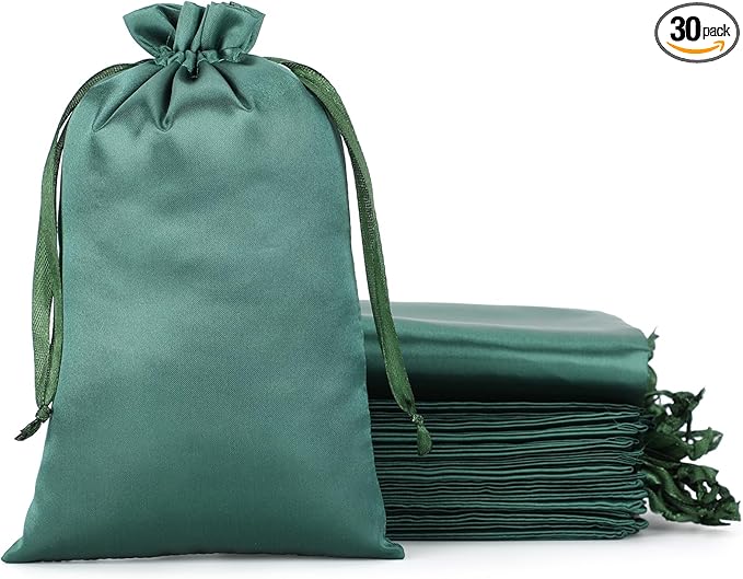 Green Satin Drawstring Bags, 30Pcs 5x8 Small Gift Bags, For Kids Classroom, Wedding, Birthday, Halloween Party, or Bachelor Party Favors, Shot Glasses, Alcohol Bottle, For Groomsman