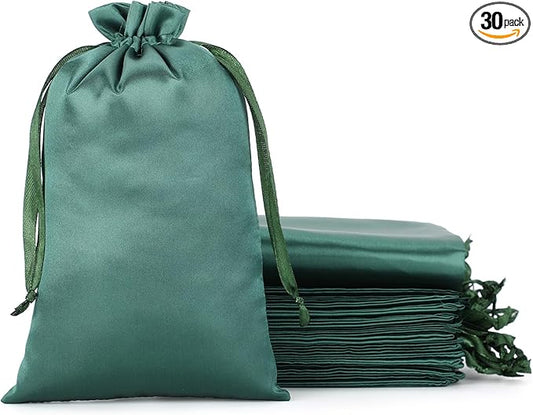 Green Satin Drawstring Bags, 30Pcs 5x8 Small Gift Bags, For Kids Classroom, Wedding, Birthday, Halloween Party, or Bachelor Party Favors, Shot Glasses, Alcohol Bottle, For Groomsman
