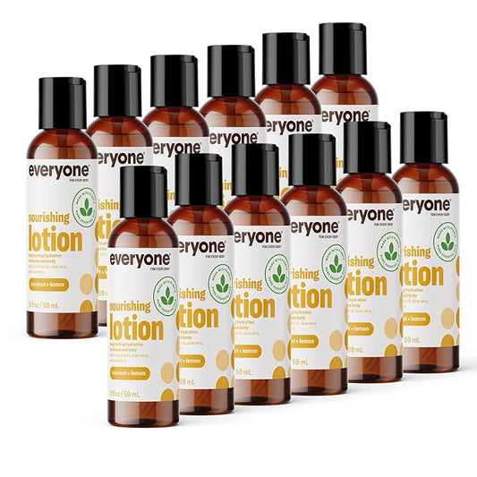 Everyone 2-in-1 Lotion for Hands/Body, Travel Size, 2 ounce (Pack of 12) Coconut and Lemon made with Essential Oils for Men and Women