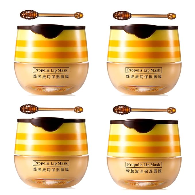 4 PCS Bee Lip Balm Honey Pot,Honey Lip Mask,Honey Propolis Lip Mask Moisturizing Moisture Nourishing Dry & Chapped Lips,Lip Care and Reduces Lip Lines,Lip Exfoliating (Honey)